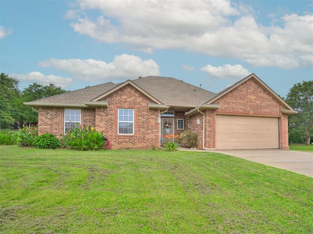 1801 Wagon Trail Blvd, Harrah, OK 73045 - ranch-style home featuring an attached garage, brick siding, concrete driveway, and a shingled roof