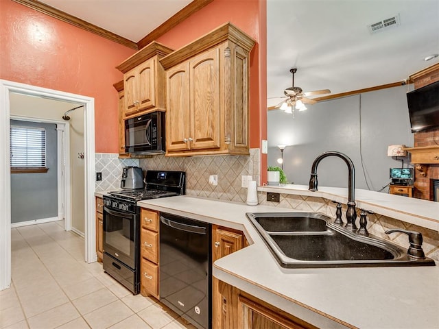 1801 Wagon Trail Blvd, Harrah, OK 73045 - kitchen with black appliances, ornamental molding, decorative backsplash, light tile patterned flooring, and a ceiling fan