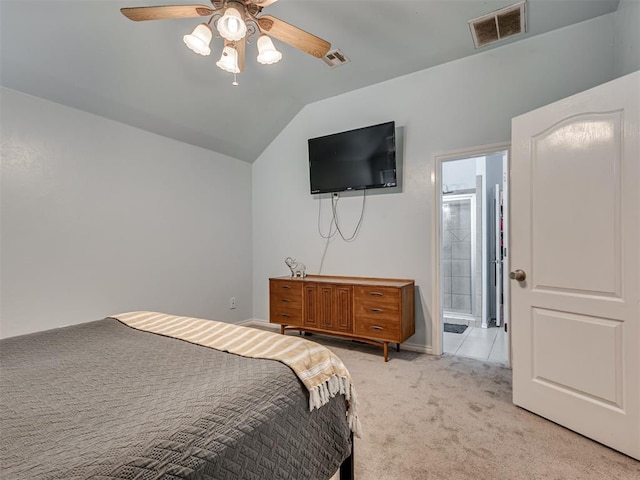 1801 Wagon Trail Blvd, Harrah, OK 73045 - bedroom with light carpet, lofted ceiling, ensuite bath, and a ceiling fan