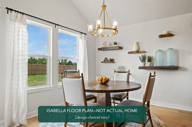 801 Caladium Dr, Yukon, OK 73099 - dining space featuring a chandelier, wood finished floors, and vaulted ceiling