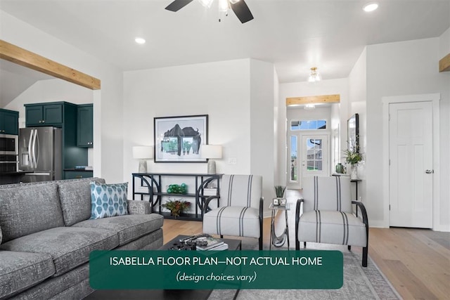 801 Caladium Dr, Yukon, OK 73099 - living area featuring light wood finished floors, ceiling fan, and recessed lighting