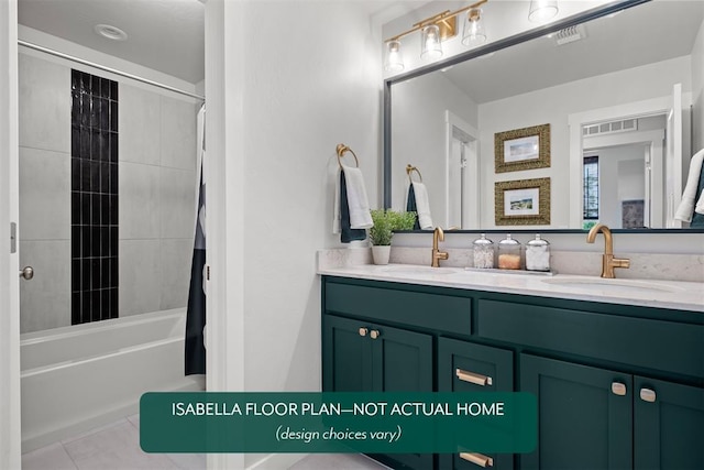 801 Caladium Dr, Yukon, OK 73099 - bathroom featuring double vanity, shower / bathtub combination with curtain, and tile patterned flooring