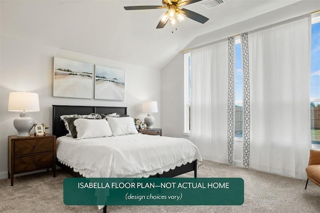 801 Caladium Dr, Yukon, OK 73099 - bedroom featuring lofted ceiling, carpet flooring, and a ceiling fan