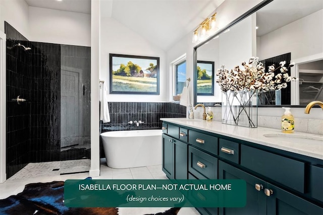 801 Caladium Dr, Yukon, OK 73099 - bathroom with double vanity, a freestanding bath, walk in shower, tile patterned floors, and vaulted ceiling