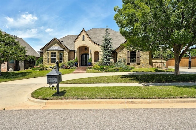 4409 Farm Hill Rd, Norman, OK 73072 - french country home featuring stone siding and curved driveway