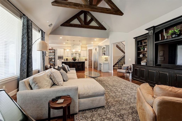 4409 Farm Hill Rd, Norman, OK 73072 - living room with stairs, high vaulted ceiling, and light wood-type flooring