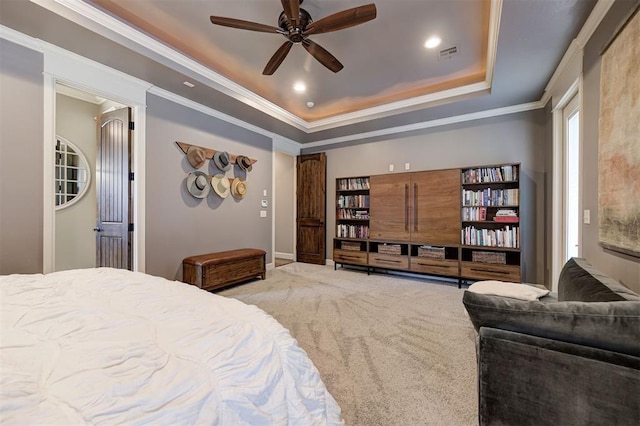 4409 Farm Hill Rd, Norman, OK 73072 - carpeted bedroom with a raised ceiling, crown molding, and recessed lighting