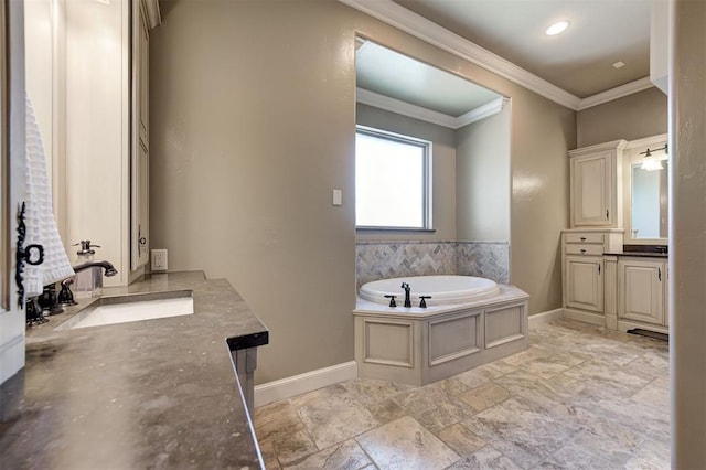 4409 Farm Hill Rd, Norman, OK 73072 - bathroom featuring crown molding, vanity, a bath, and stone finish floors