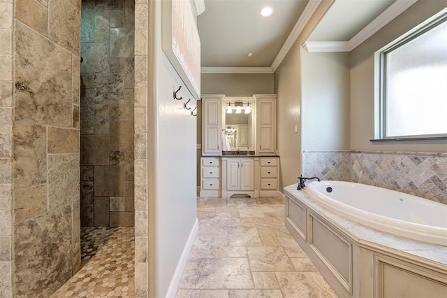4409 Farm Hill Rd, Norman, OK 73072 - full bathroom with ornamental molding, a bath, a walk in shower, vanity, and stone tile floors