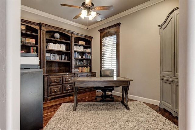 4409 Farm Hill Rd, Norman, OK 73072 - home office featuring a ceiling fan, ornamental molding, and dark wood-style flooring