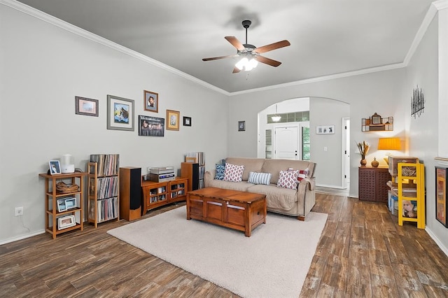 7324 Ridge Manor Ln, Oklahoma City, OK 73150 - living area with dark wood-style floors, arched walkways, a ceiling fan, and crown molding