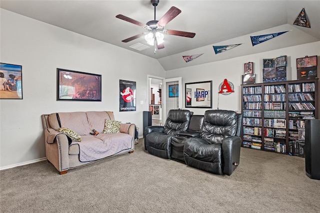 7324 Ridge Manor Ln, Oklahoma City, OK 73150 - living area featuring carpet floors, vaulted ceiling, and a ceiling fan