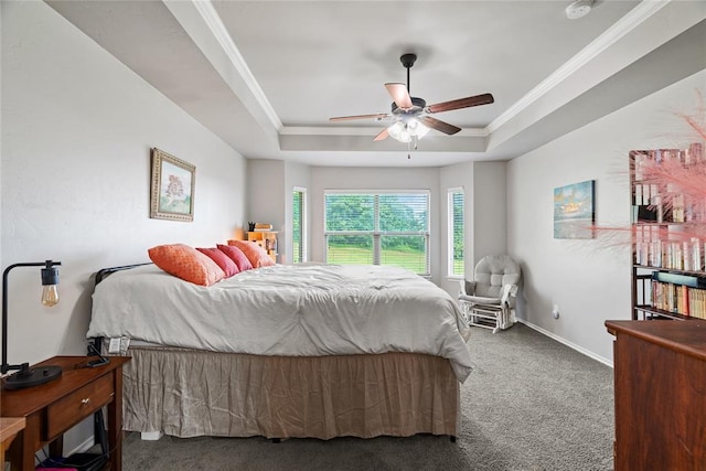 7324 Ridge Manor Ln, Oklahoma City, OK 73150 - bedroom featuring carpet, a raised ceiling, ornamental molding, and a ceiling fan