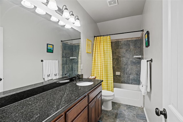 7324 Ridge Manor Ln, Oklahoma City, OK 73150 - full bathroom with vanity, shower / bath combination with curtain, and stone finish floors
