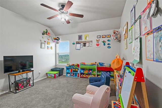 7324 Ridge Manor Ln, Oklahoma City, OK 73150 - rec room featuring lofted ceiling, a ceiling fan, and carpet flooring