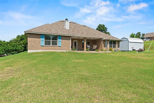 7324 Ridge Manor Ln, Oklahoma City, OK 73150 - rear view of property featuring a lawn, brick siding, a chimney, and roof with shingles