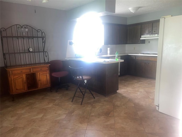 kitchen with freestanding refrigerator, under cabinet range hood, a peninsula, a breakfast bar area, and cooktop