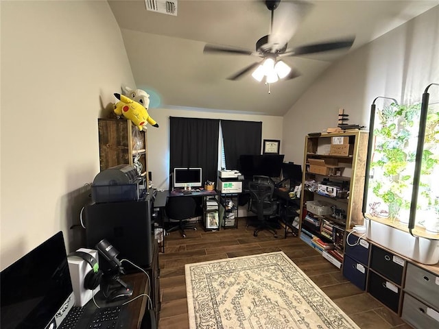18641 Como Dr, Edmond, OK 73012 - office space featuring ceiling fan, lofted ceiling, and dark wood-type flooring