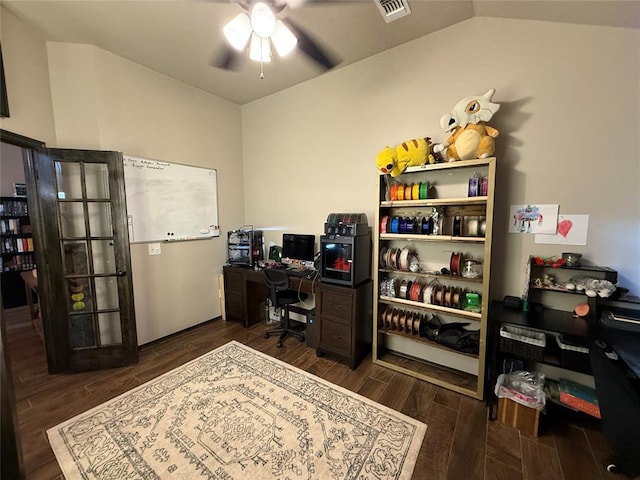 18641 Como Dr, Edmond, OK 73012 - office area featuring dark wood-type flooring, lofted ceiling, and a ceiling fan