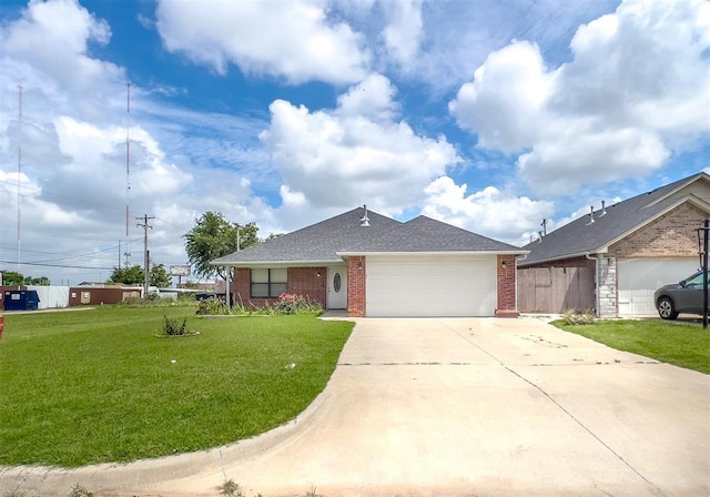 223 SE 53rd St, Oklahoma City, OK 73129 - ranch-style home featuring brick siding, an attached garage, a front lawn, concrete driveway, and roof with shingles