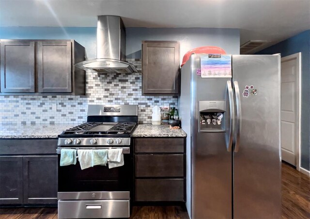 223 SE 53rd St, Oklahoma City, OK 73129 - kitchen featuring stainless steel appliances, island range hood, dark wood-style floors, and tasteful backsplash
