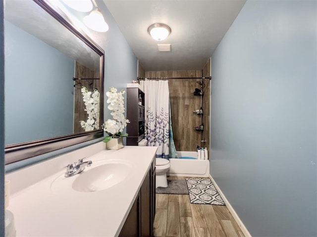 223 SE 53rd St, Oklahoma City, OK 73129 - full bath with vanity, shower / tub combo with curtain, and wood finished floors
