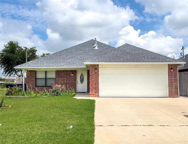 223 SE 53rd St, Oklahoma City, OK 73129 - view of front of property featuring roof with shingles, concrete driveway, a front lawn, and brick siding