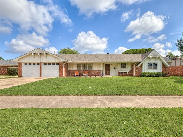 4325 NW 44th St, Oklahoma City, OK 73112 - ranch-style house featuring a garage, a front lawn, brick siding, concrete driveway, and board and batten siding