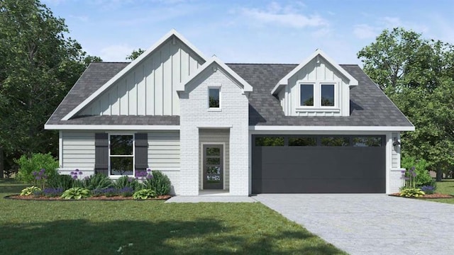 10201 NW 28th Ter, Yukon, OK 73099 - modern inspired farmhouse with board and batten siding, a front yard, concrete driveway, and a shingled roof