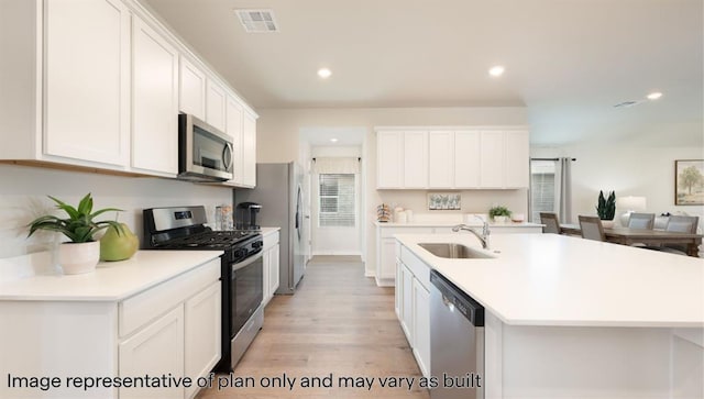 10201 NW 28th Ter, Yukon, OK 73099 - kitchen featuring stainless steel appliances, plenty of natural light, white cabinetry, a center island with sink, and recessed lighting