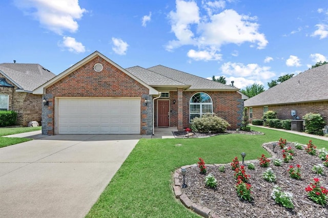 1204 NW 190th Pl, Edmond, OK 73012 - ranch-style home featuring driveway, an attached garage, a front lawn, brick siding, and roof with shingles