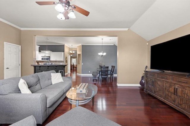 1204 NW 190th Pl, Edmond, OK 73012 - living area featuring a chandelier, crown molding, a ceiling fan, wood finished floors, and lofted ceiling