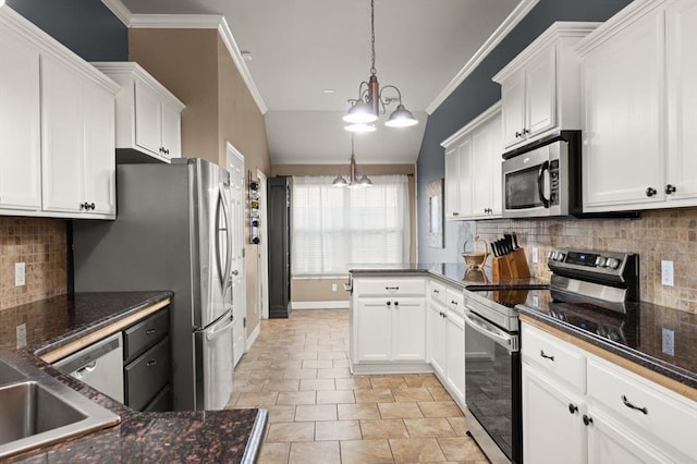 1204 NW 190th Pl, Edmond, OK 73012 - kitchen featuring appliances with stainless steel finishes, a chandelier, white cabinets, backsplash, and ornamental molding