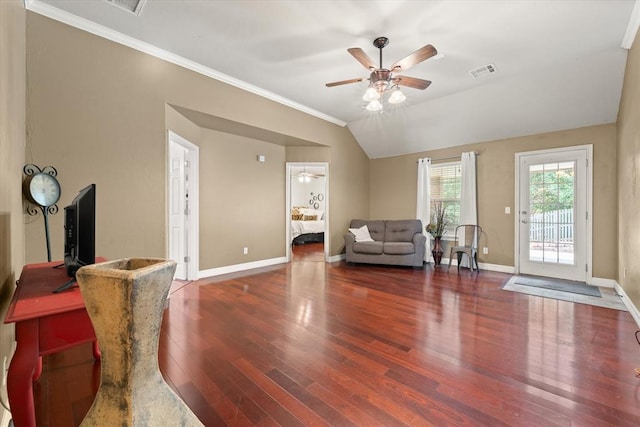 1204 NW 190th Pl, Edmond, OK 73012 - living room with a ceiling fan, wood finished floors, ornamental molding, and lofted ceiling