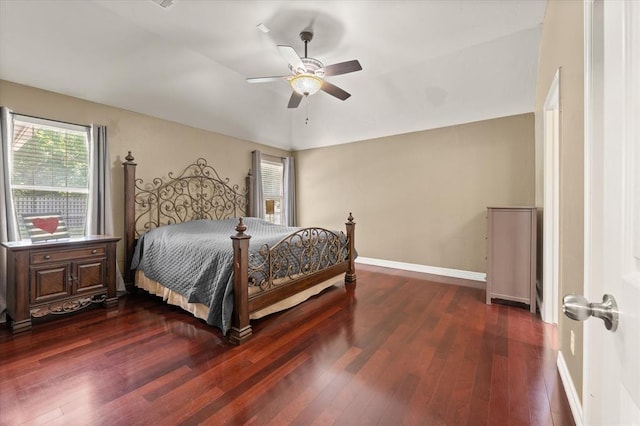 1204 NW 190th Pl, Edmond, OK 73012 - bedroom featuring dark wood finished floors, ceiling fan, and lofted ceiling