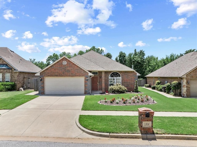 1204 NW 190th Pl, Edmond, OK 73012 - ranch-style house with driveway, a garage, brick siding, and roof with shingles