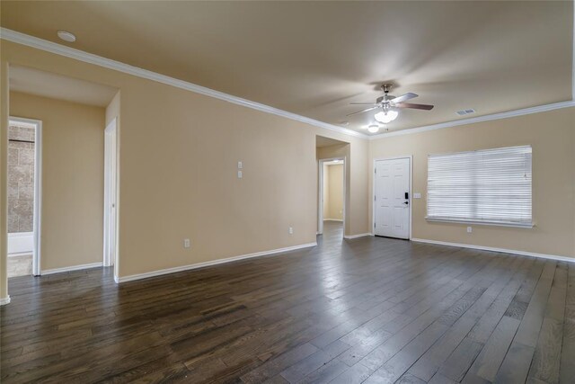 11516 SW 24th St, Yukon, OK 73099 - unfurnished living room with ceiling fan, dark wood-style floors, and crown molding