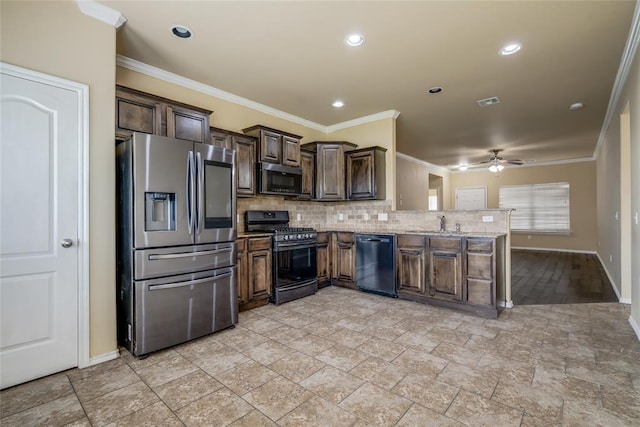 11516 SW 24th St, Yukon, OK 73099 - kitchen featuring stainless steel appliances, ceiling fan, tasteful backsplash, dark brown cabinetry, and crown molding