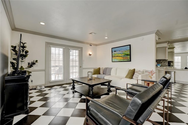4400 Hemingway Dr Unit 259, Oklahoma City, OK 73118 - living area with tile patterned floors, ornamental molding, and recessed lighting