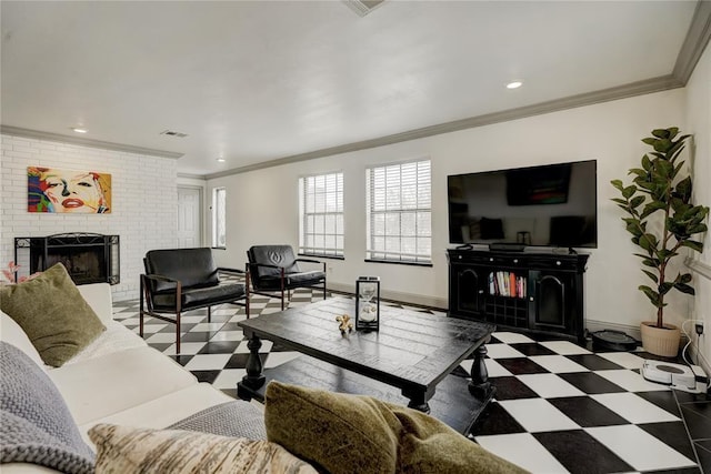 4400 Hemingway Dr Unit 259, Oklahoma City, OK 73118 - living area with tile patterned floors, crown molding, a brick fireplace, and recessed lighting