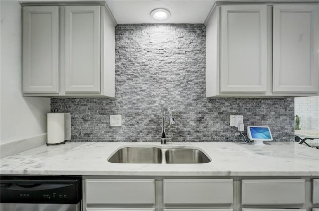 4400 Hemingway Dr Unit 259, Oklahoma City, OK 73118 - kitchen featuring stainless steel dishwasher, tasteful backsplash, light stone counters, and gray cabinetry
