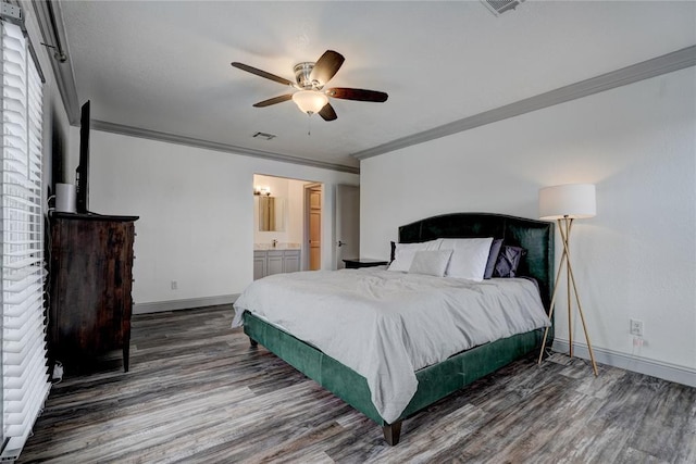 4400 Hemingway Dr Unit 259, Oklahoma City, OK 73118 - bedroom featuring wood finished floors, ornamental molding, a ceiling fan, and connected bathroom