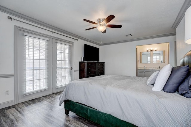 4400 Hemingway Dr Unit 259, Oklahoma City, OK 73118 - bedroom featuring access to outside, ornamental molding, wood finished floors, connected bathroom, and a ceiling fan