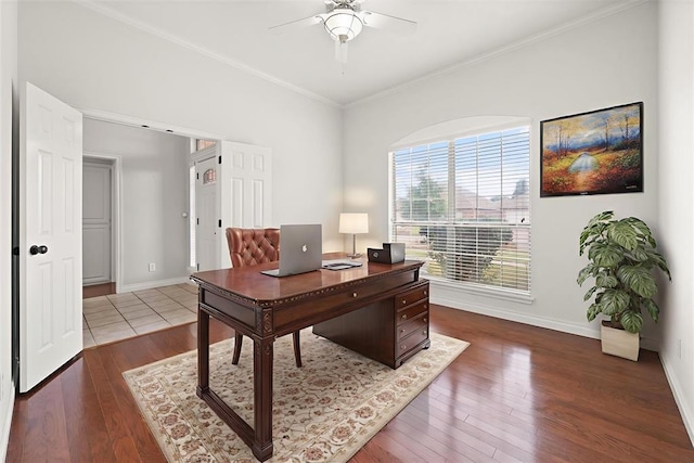 541 SW 154th Ct, Oklahoma City, OK 73170 - office featuring ceiling fan, wood finished floors, and ornamental molding