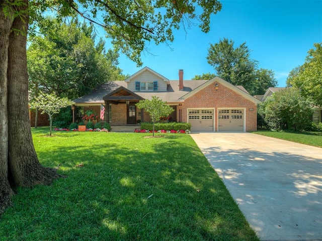 1718 Guilford Ln, Oklahoma City, OK 73120 - view of front of property with a garage, concrete driveway, brick siding, a front lawn, and a porch