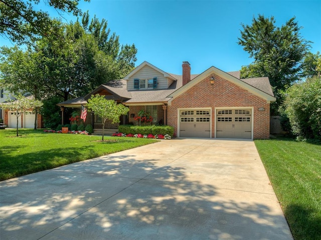 1718 Guilford Ln, Oklahoma City, OK 73120 - view of front of house featuring brick siding, a front lawn, a garage, and a chimney