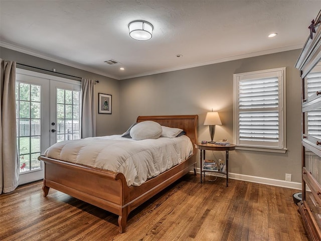 1718 Guilford Ln, Oklahoma City, OK 73120 - bedroom featuring access to outside, wood finished floors, french doors, crown molding, and recessed lighting