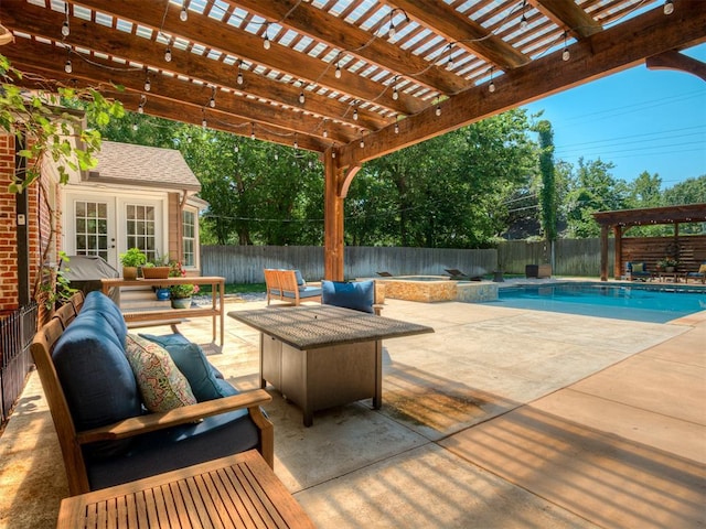 1718 Guilford Ln, Oklahoma City, OK 73120 - fenced backyard with a pergola, a patio, and an outdoor hangout area