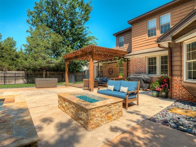 1718 Guilford Ln, Oklahoma City, OK 73120 - fenced backyard featuring an outdoor living space with a fire pit, a pergola, a patio, and grilling area