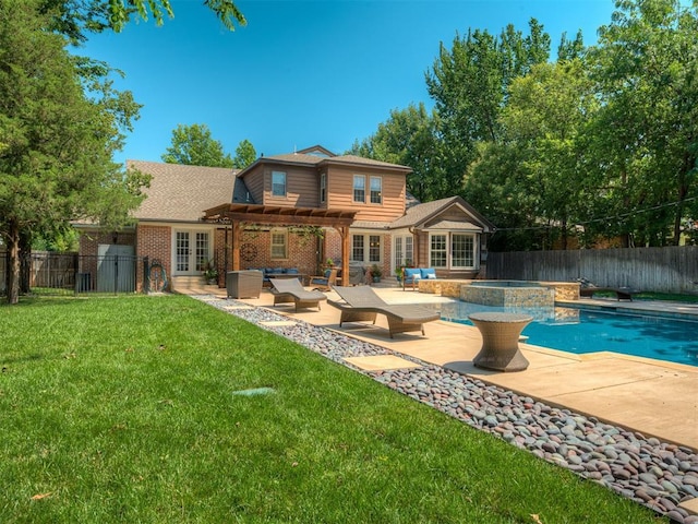 1718 Guilford Ln, Oklahoma City, OK 73120 - view of pool featuring french doors, an outdoor hangout area, a pergola, and a fenced backyard